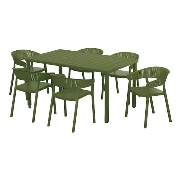Frond, Form Outdoor Patio Modern 7-Piece Rectangular Steel Table, 6 Stackable HDPE Plastic Chairs Dining Set Olive Green