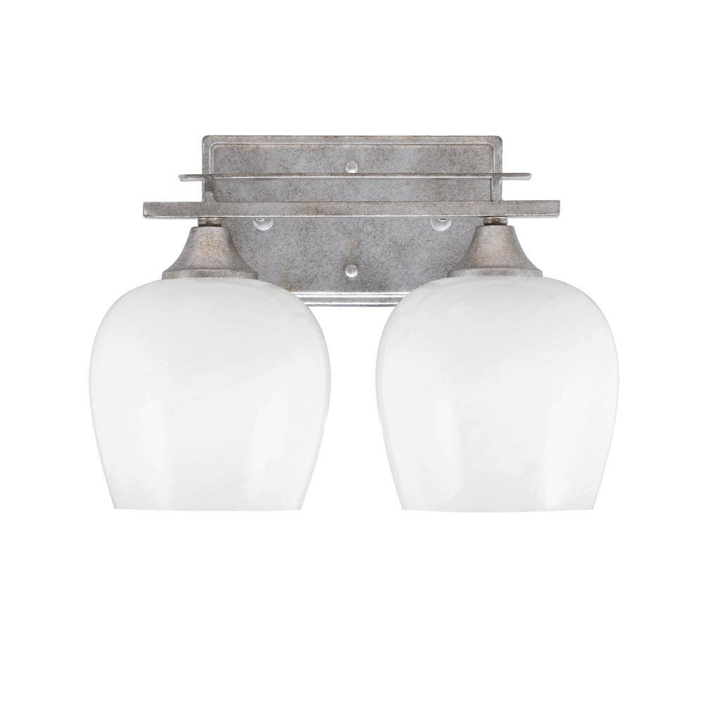 Ontario 13.25 in. 2-Light Vanity Light Aged Silver White Marble Glass Shade