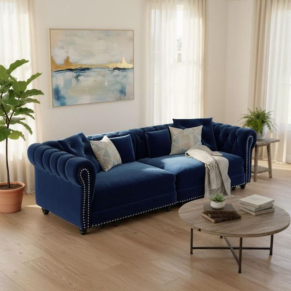 DBSAY 89 in. Sapphire Blue Velvet King Size 3-Seat Sleeper Sofa Bed with Tufted Arms and Mobile Ottoman