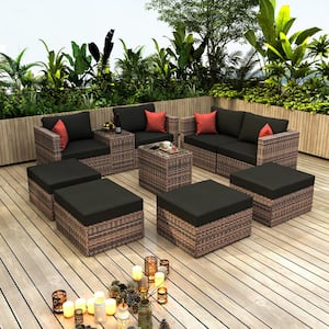 Outdoor Brown 10-Piece Wicker Outdoor Patio Conversation Seating Set with Black Cushions