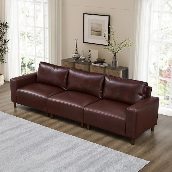 Drevin Modern 112 in. Square Arms PU Faux Leather Upholstered Rectangle 3-Seater Sofa in Burgundy