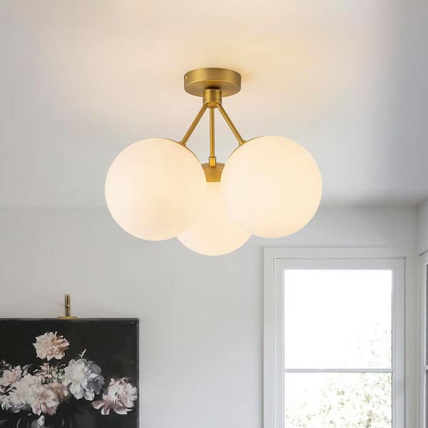 18.11 in. 3-Light Modern Sputnik Brushed Gold Globe Semi-Flush Mount for Kitchen