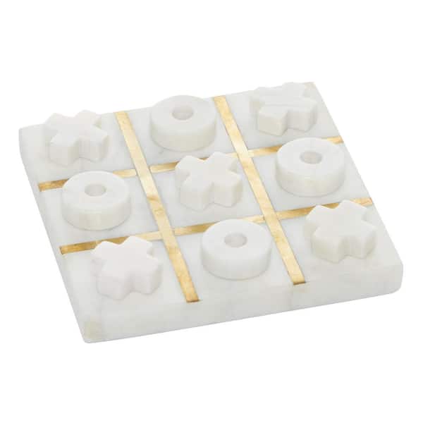 Litton Lane White Marble Tic Tac Toe Game Set with Gold Inlay