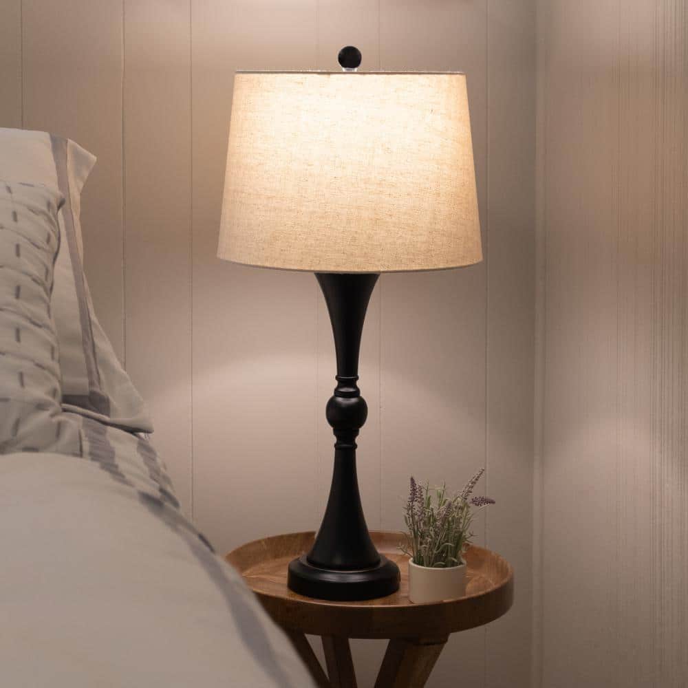 Black Metal Table Lamps with Linen Shades and USB Ports, Set of 2