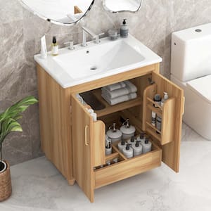 30 in. W x 18.3 in. D x 34.4 in. H Freestanding Bath Vanity in Natural with White Ceramic Sink Top, Doors and Drawers