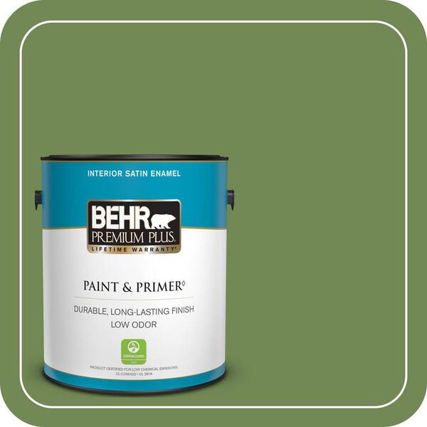 BEHR PREMIUM PLUS 1 gal. #M370-6 Snip of Parsley Satin Enamel Low Odor Interior Paint & Primer