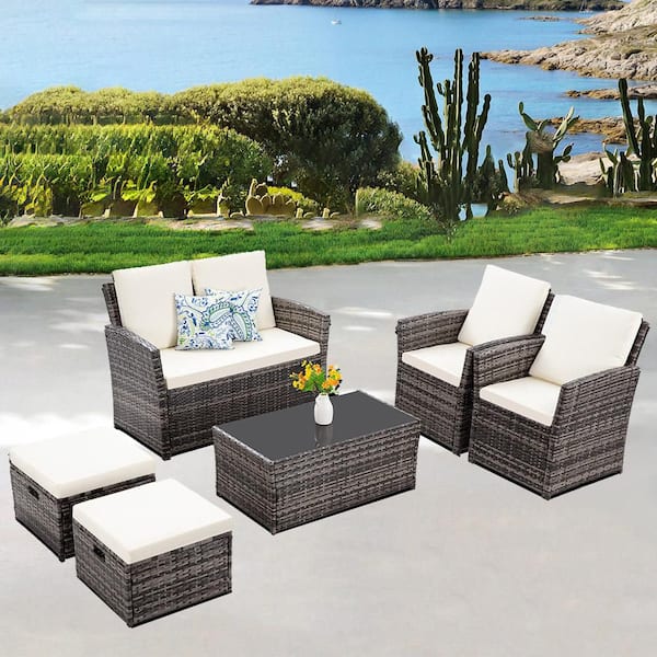 Zeus & Ruta 6 Pieces Wicker Patio Conversation Set with Beige Cushions, Outdoor Chat Set with Tempered Glass Table