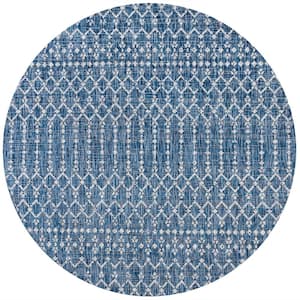 Ourika Moroccan Geometric Textured Weave Navy/Light Gray 8 ft. Round Indoor/Outdoor Area Rug