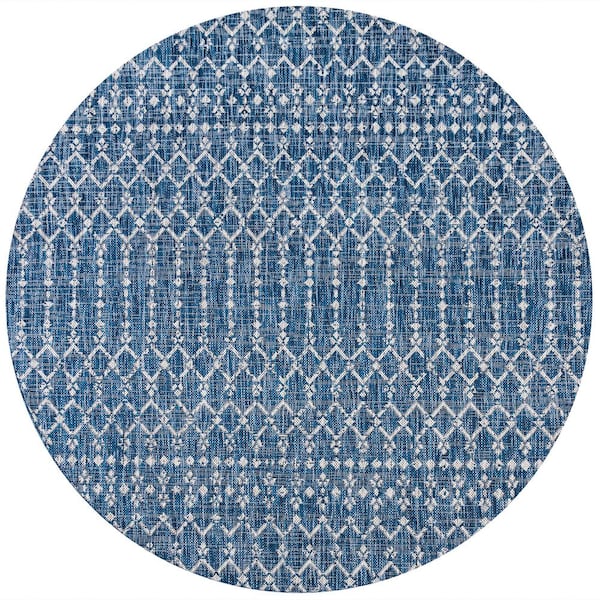 Ourika Moroccan Geometric Textured Weave Navy/Light Gray 9 ft. Round Indoor/Outdoor Area Rug