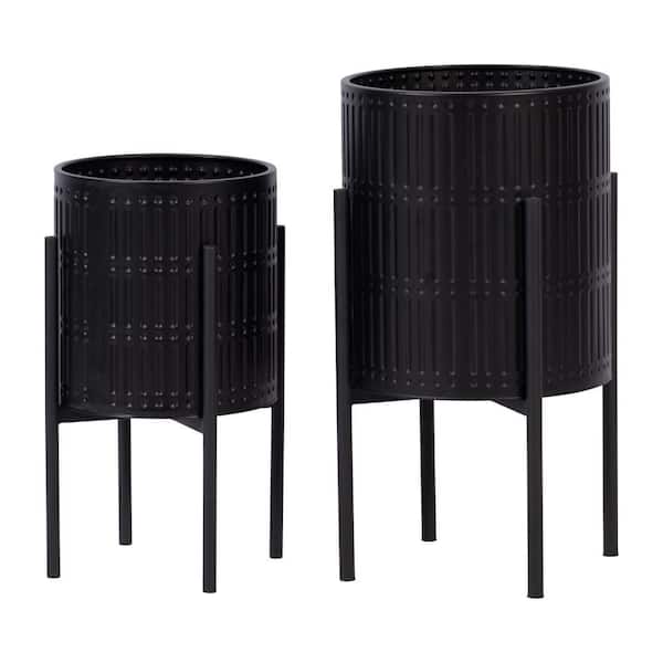 Black Metal Ridged Decorative Planters (12 in. W x 14 in. H) with Stand (Set of 2)