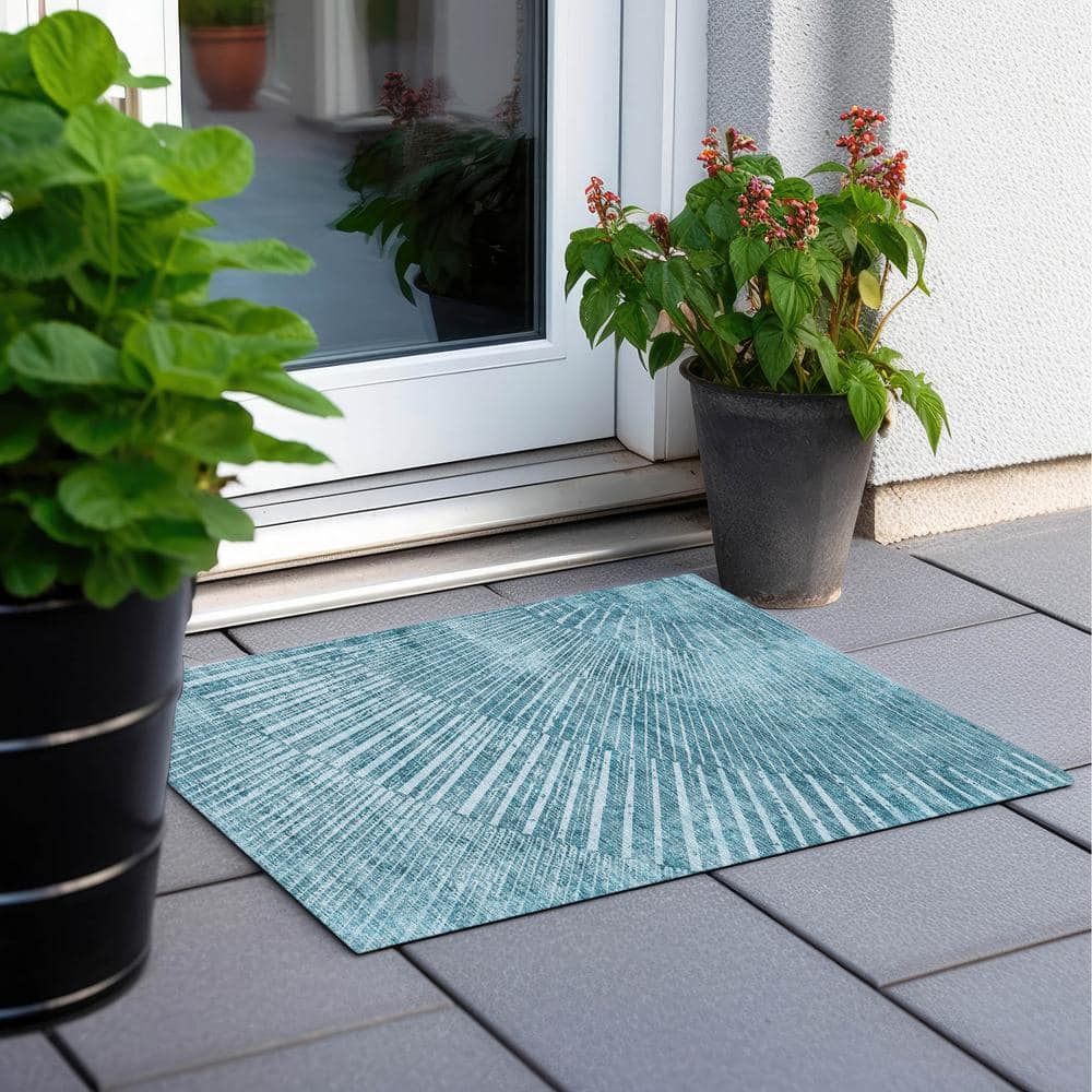 Teal Geometric Flat Woven Machine Washable Area Rug