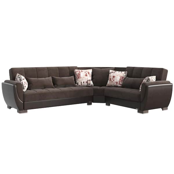 Ottomanson Basics Air Collection 3-Piece 108.7 in. Microfiber Convertible Sofa Bed Sectional 6-Seater With Storage, Brown/Chocolate