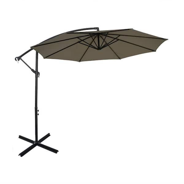 HONEY JOY 10 ft. Offset 8 Ribs Metal Cantilever Patio Umbrella with Crank for Poolside Yard Lawn Garden in Coffee