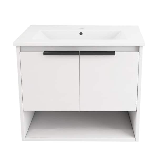 VANITYFUS 24 in. W x 18.3 in. D x 20.28 in. D in. H Wall Mounted Bath Vanity in White Straight Grain with White Ceramic Top