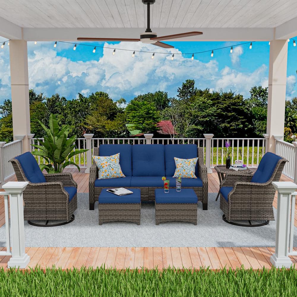 6-Pieces Wicker Outdoor Patio Furniture Sets Rattan Chair Wicker Set with Blue Cushion price history on PriceWatchPro