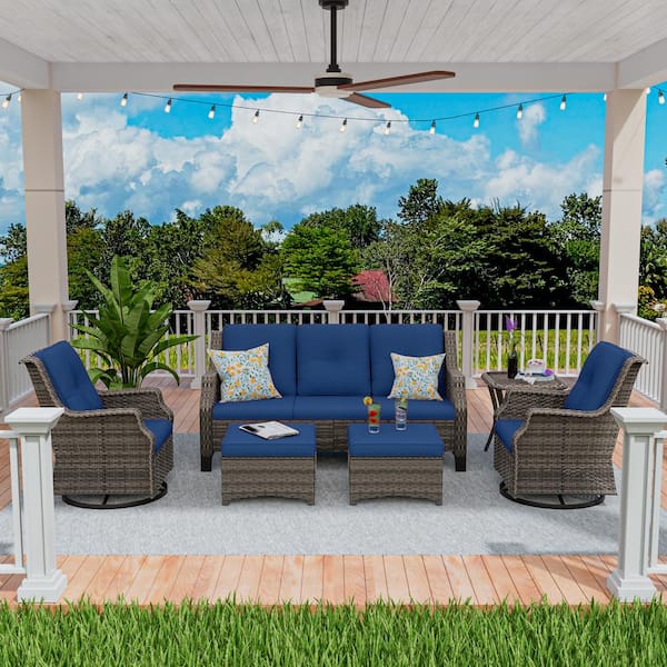 6-Pieces Wicker Outdoor Patio Furniture Set Rattan Chair Wicker Set with Blue Cushion
