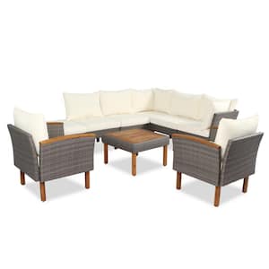 9-Piece Wicker Outdoor Sectional Sofa Set with Acacia Wood Legs, Tabletop and Beige Cushions