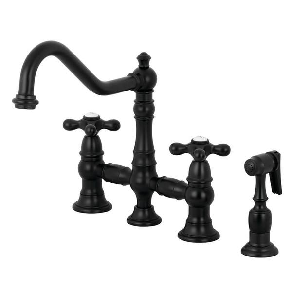 Kingston Brass Restoration 2-Handle Bridge Kitchen Faucet with Side Sprayer in Matte Black