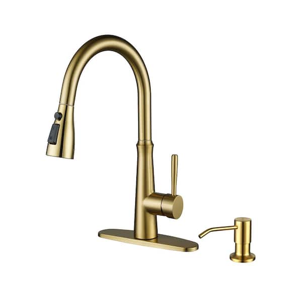 WOWOW Single Handle Pull Down Sprayer Kitchen Faucet with Advanced Spray, Pull Out Spray Wand in Stainless, Brushed Gold