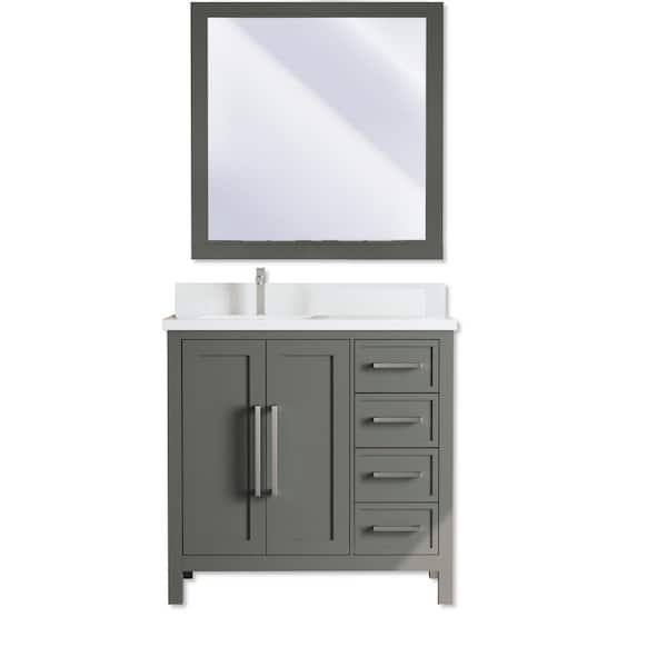 Urban Woodcraft Acadian 36 in. W x 22 in. D x 35 in. H Single Sink Bath Vanity in Dark Gray with White Quartz Top and Mirrors