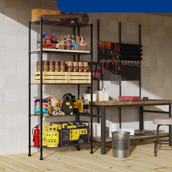 14.1 in. D x 30 in. W x 79 in. H 5-Shelf Adjustable Metal Storage Rack, Standing Storage Shelf Units, Black