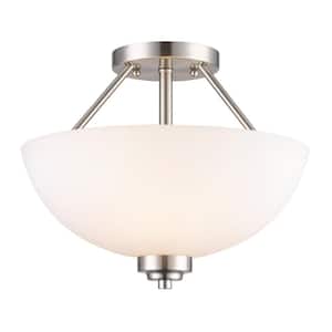 Mod Pod 13.5 in. 2-Light Brushed Nickel Semi-Flush Mount Ceiling Light Fixture with Frosted Glass Shade