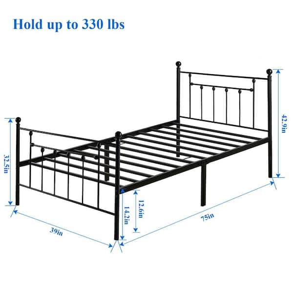 39 in. W Black Twin Size Bed Frame Heavy Duty Metal Platform, Premium Steel Slat With Headboard and Footboard