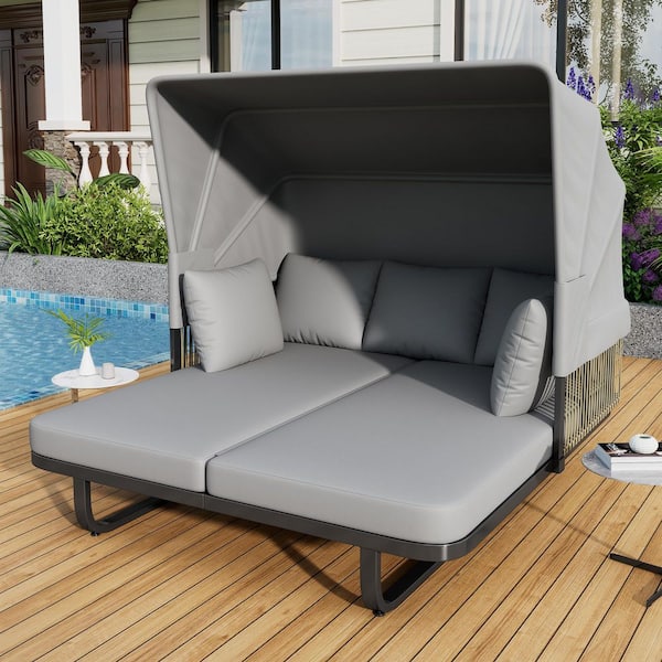 Polibi Black Metal Frame Outdoor Day Bed with Gray Cushions and Detachable Pillows for Patio, Backyard, Pool