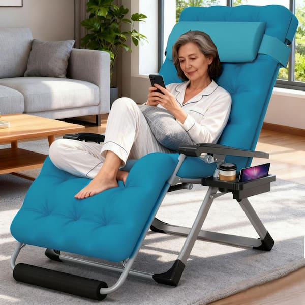 29 in.W Oversized Zero Gravity Chair Metal Outdoor Chaise Lounge with Light Blue Removable Cushion and Headrest