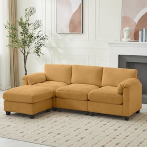 85.37 in. Corduroy Modular Rectangular Yellow Sectional Sofa with Ottoman for Living Room and Spacious Space