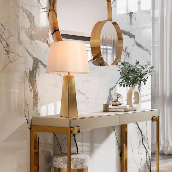 Vintage 25.5 in. Antique Gold Foil Art Deco Tapered Table Lamp for Console Table with White Fabric Shade and Metal Base