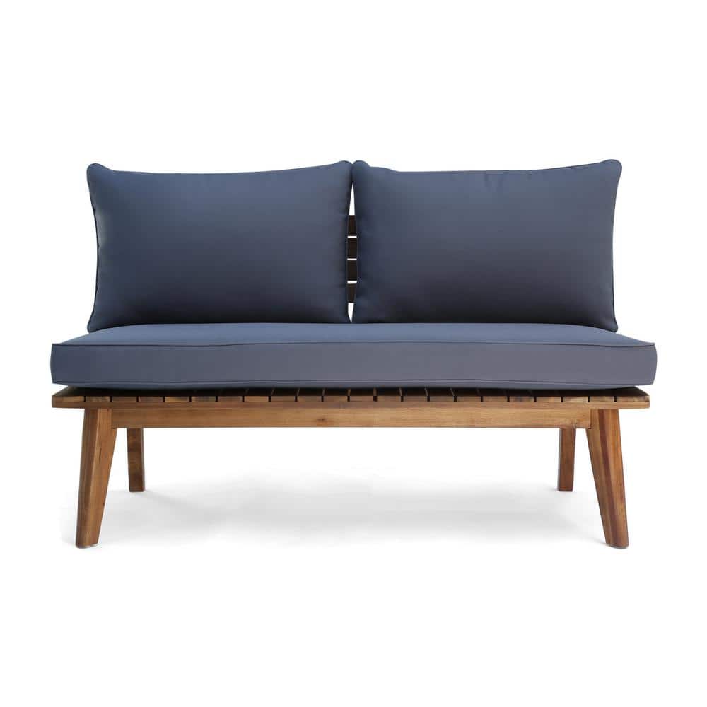 Brown Acacia Wood Outdoor Loveseat with Grey Cushions