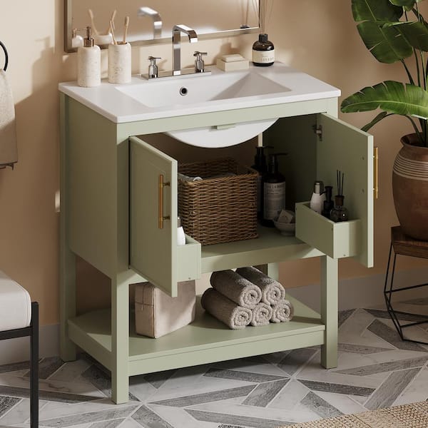 Tenleaf 30 in. W Single Sink Freestanding Bath Vanity in Green with White Ceramic Top and Versatile Storage for Small Bathrooms