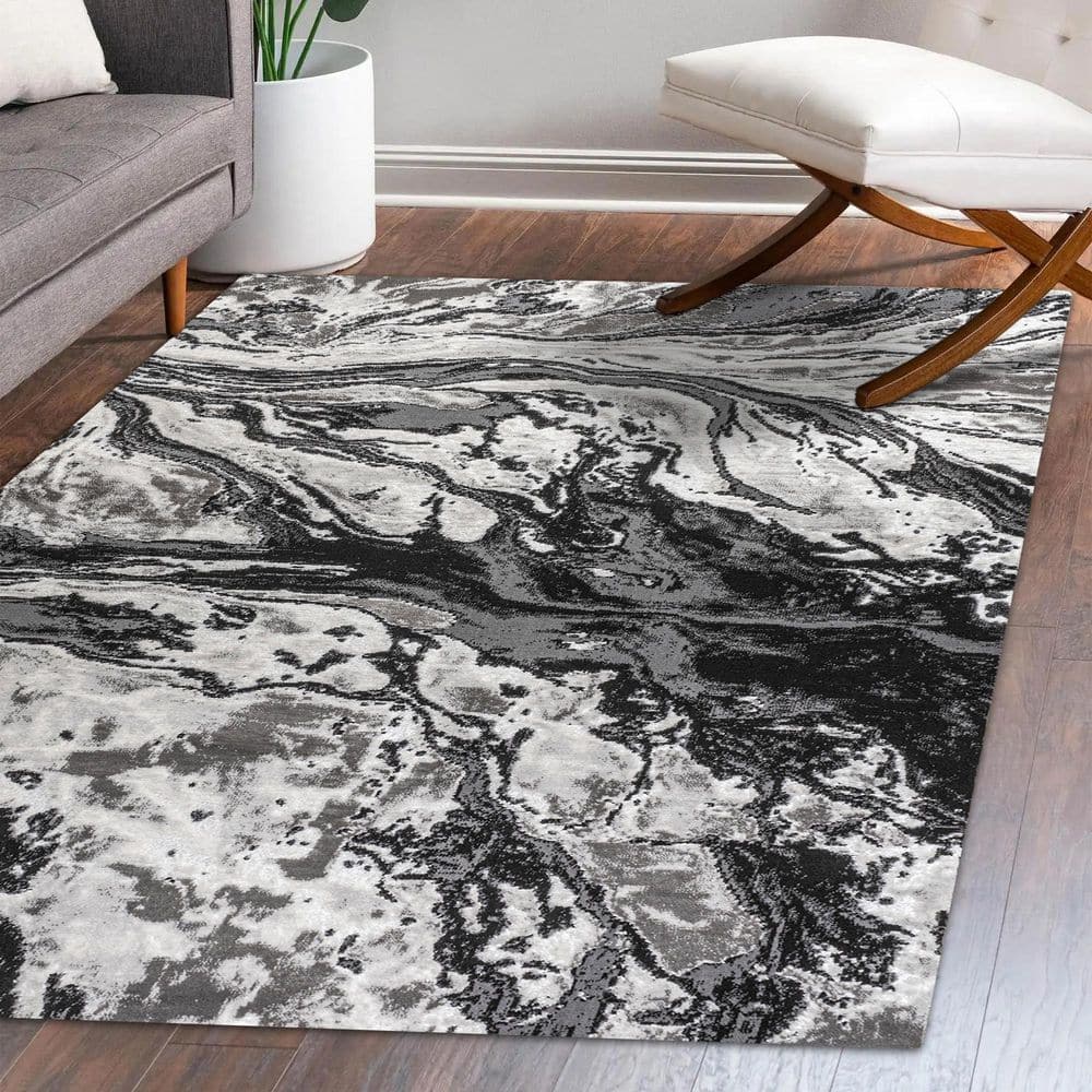 Abstract Swirl Marbled Black/Ivory 3x5 Synthetic Area Rug