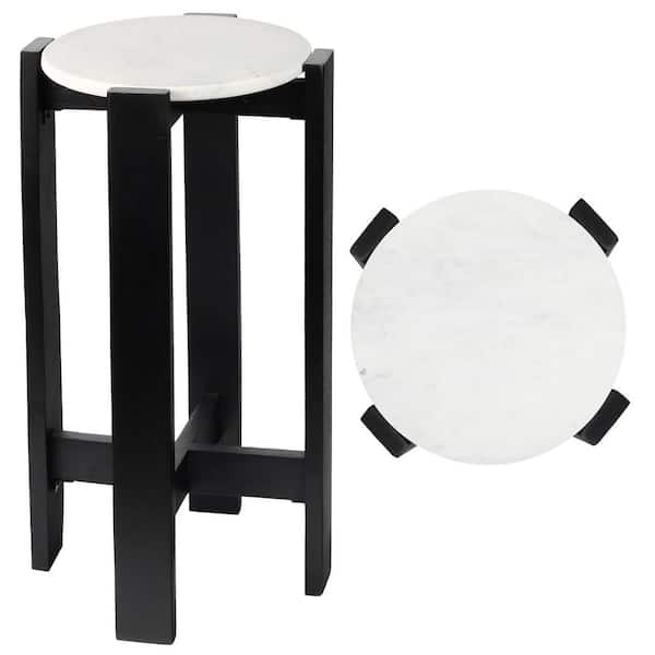 Elena 11 in. Minimalist Structured Wood Drink Table and Decorative End Table with White Marble Round Top, Black