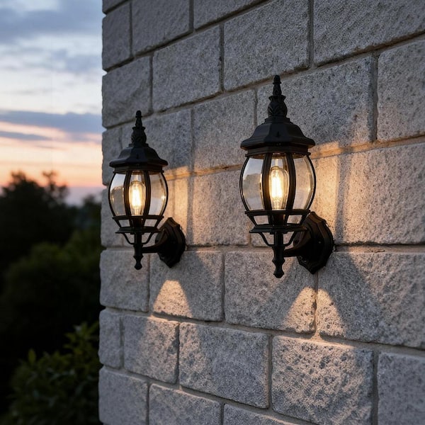 1-Light Sand Black Castle-Style Outdoor Wall Sconce with Dusk to Dawn, Hardwired with No Bulbs Included (Set of 2)