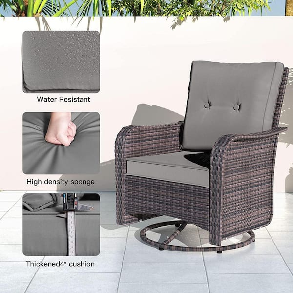 3-Piece Wicker Swivel Outdoor Rocking Chair with Cushion Gray
