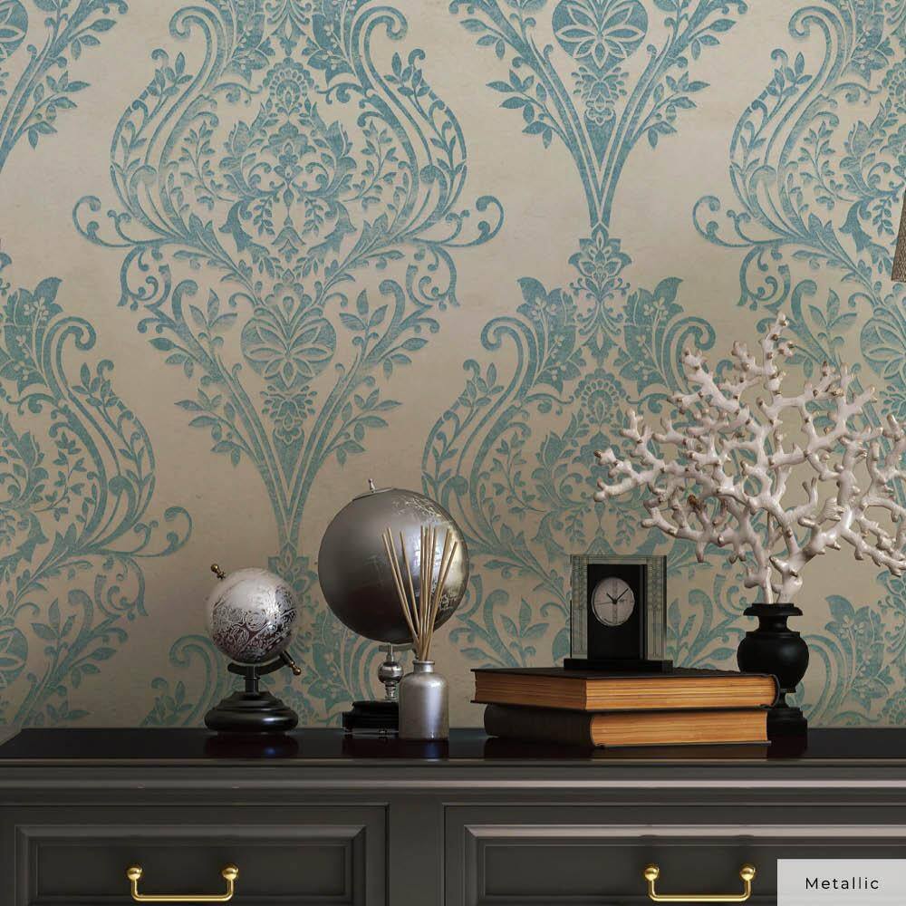 Coastal Blue Damask Non-Pasted Repositionable Wallpaper