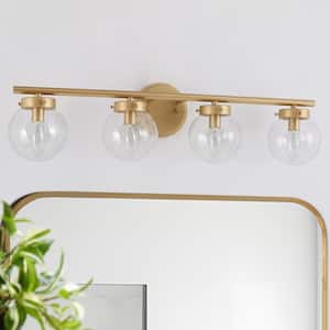 Farmhouse Gold Bathroom Vanity Light, 28 in. 4-Light Modern Globle Linear Wall Sconce Light with Clear Glass Shades