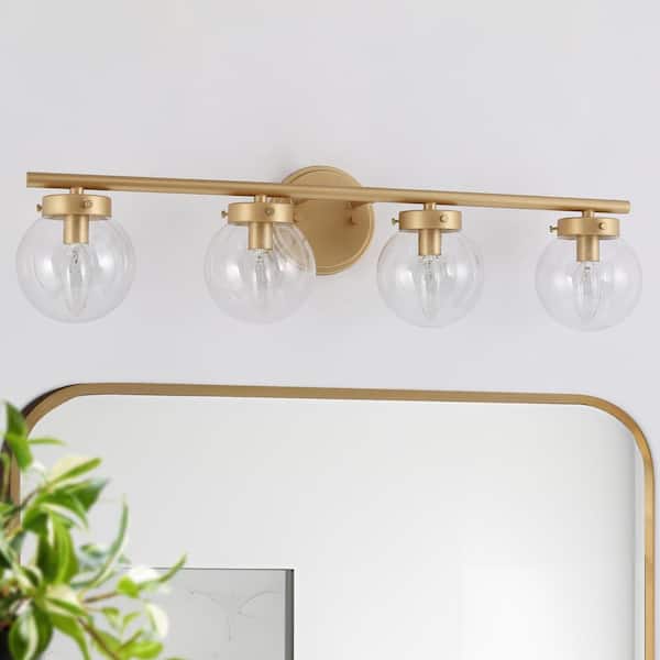 Uolfin Farmhouse Gold Bathroom Vanity Light, 28 in. 4-Light Modern Globle Linear Wall Sconce Light with Clear Glass Shades