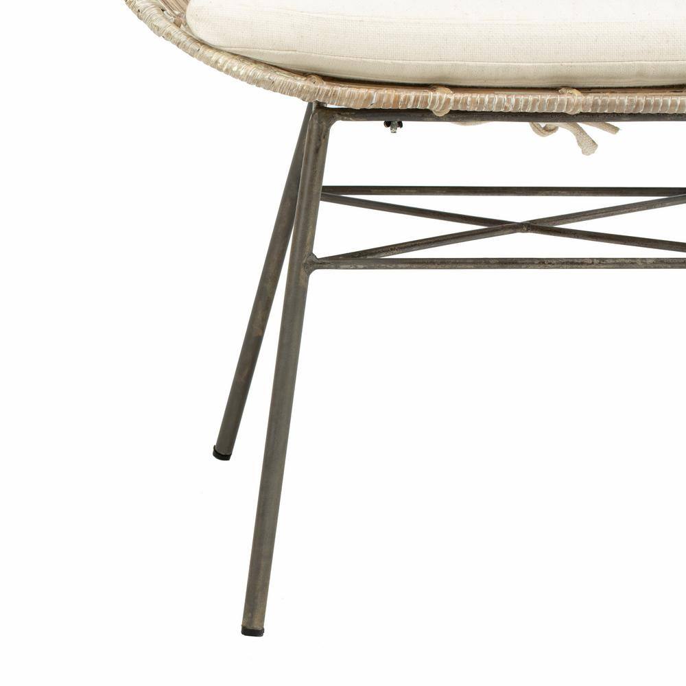Transitional Beige Rattan Wingback Armchair with White Wash Finish