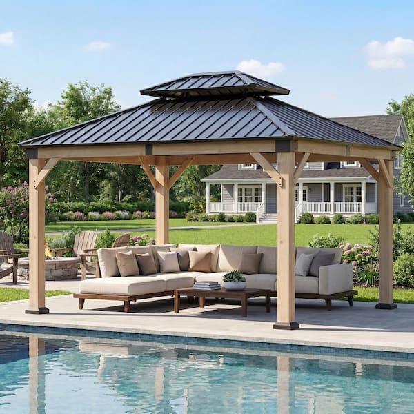 12 ft. x 10 ft. Cedar Wood Outdoor Gazebo with Hard Top Galvanized Steel Double Roof