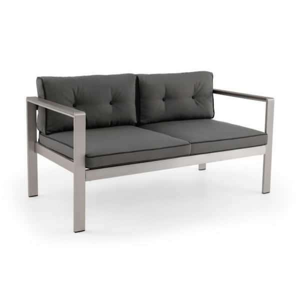 Metal 2-Person Outdoor Lounge Chair Patio Sofa Chair with WPC Armrests and Cushions in Gray