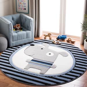 Carousel Kids Navy/Ivory 7 ft. x 7 ft. Striped Round Area Rug