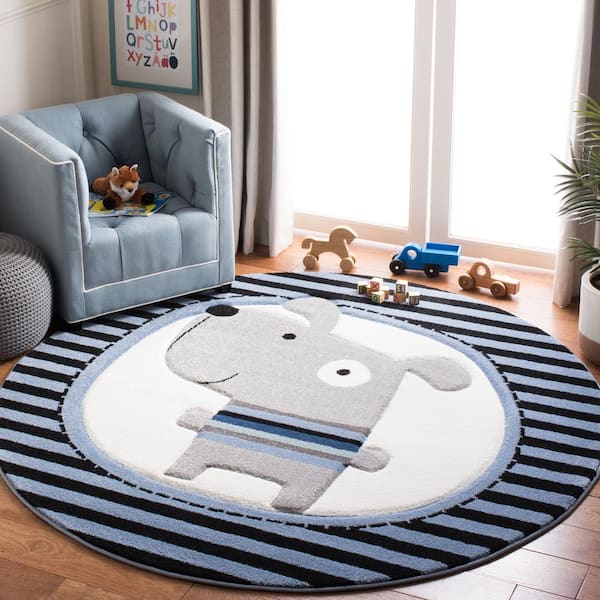 Carousel Kids Navy/Ivory 7 ft. x 7 ft. Striped Round Area Rug
