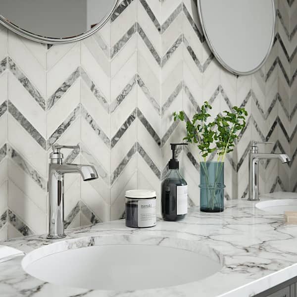 Glacier Edge White and Gray 9.875 in. x 11.25 in. Chevron Honed Marble Floor and Wall Mosaic Tile (0.771 sq. ft./Each) Glacier Edge White and Gray 9.875 in. x 11.25 in. Chevron Honed Marble Floor and Wall Mosaic Tile (0.771 sq. ft./Each)