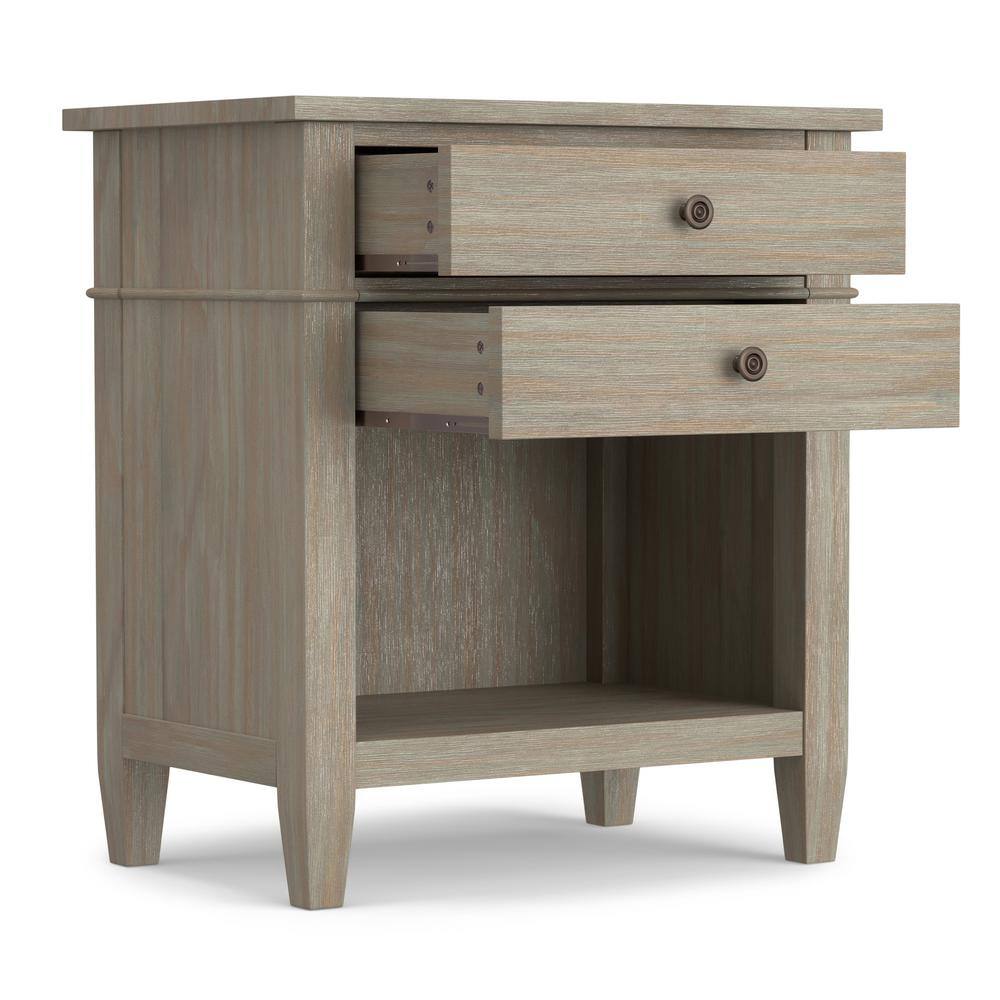 Distressed Gray Solid Wood 2-Drawer Nightstand with Open Shelf
