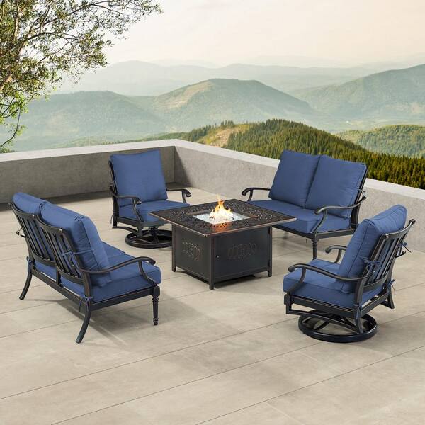 Oakland Living Black 5-Piece Aluminum Patio Fire Pit Set with Blue Cushions