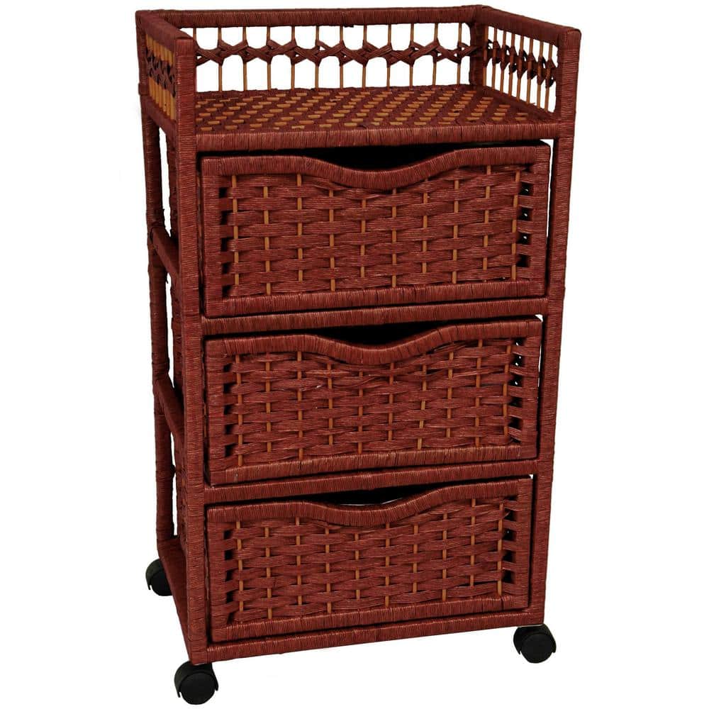 Rustic Mahogany 3-Drawer Natural Fiber Freestanding Chest