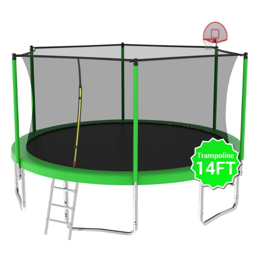 14FT Green Trampoline with Enclosure Net, Ladder & 84 Springs, Heavy-Duty Galvanized Steel Outdoor Trampoline for Kids